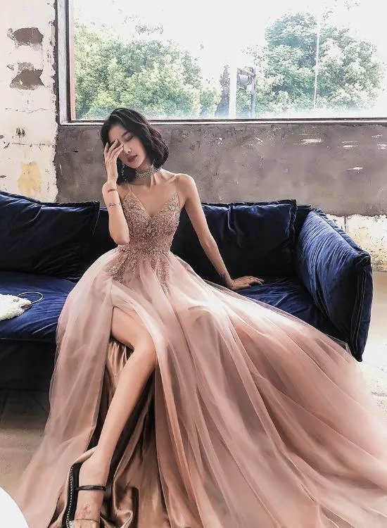 Pink A-line Beaded Tulle High Slit Straps Formal Dress, Pink Tulle Party Dress Prom Dress