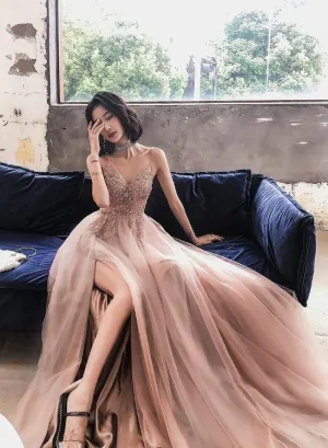 Pink A-line Beaded Tulle High Slit Straps Formal Dress, Pink Tulle Party Dress Prom Dress