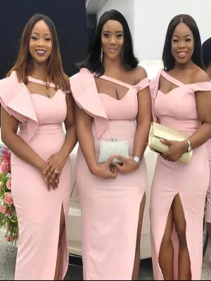 Pink Off Shoulder V-Neck  Side Slit Long Bridesmaid Dresses, SFWG00421