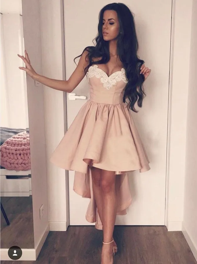 Pink Strapless Applique High Low Satin Sweetheart Homecoming Dress