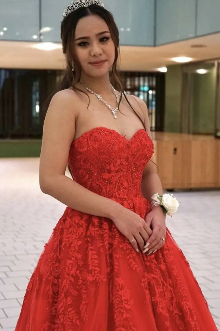 Red A-Line Long Prom Dress With Lace, Evening Dress CMS211107