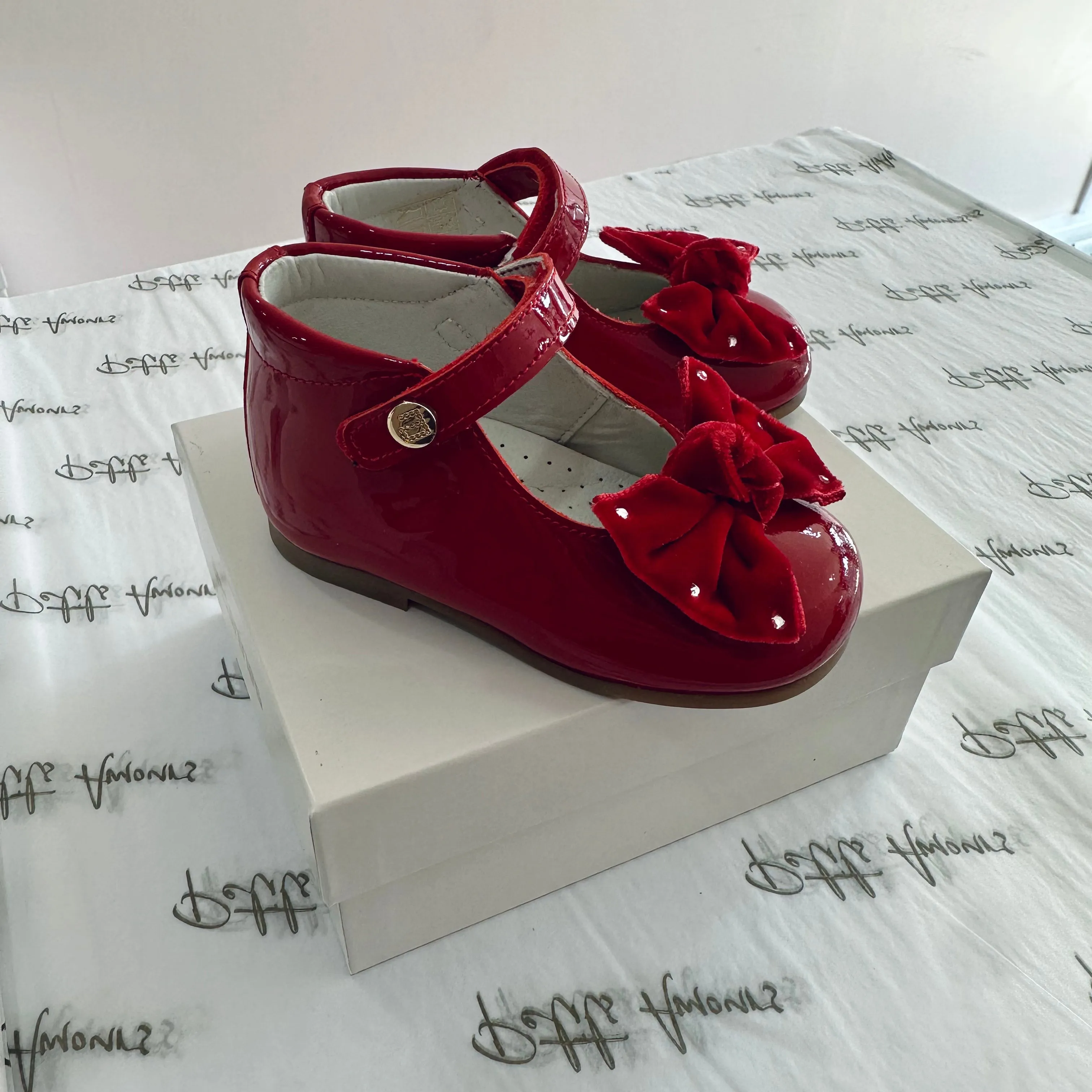 Red Patent High Top Shoes With Velvet Bow