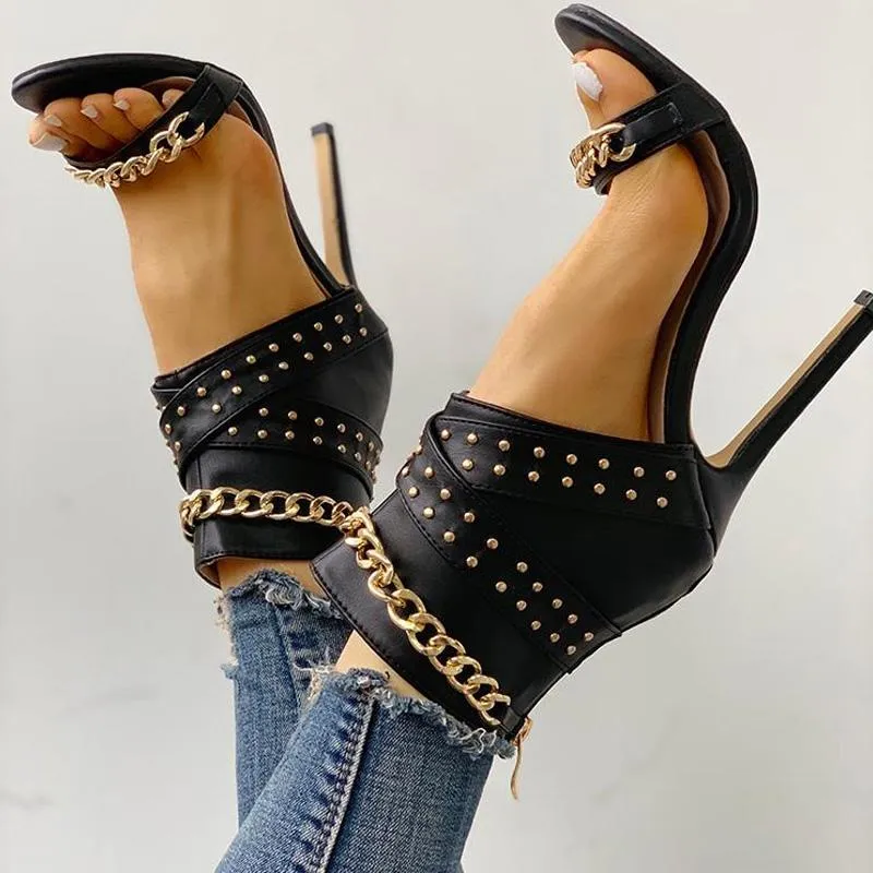 Rivet Chain Design Thin Heeled Sandals