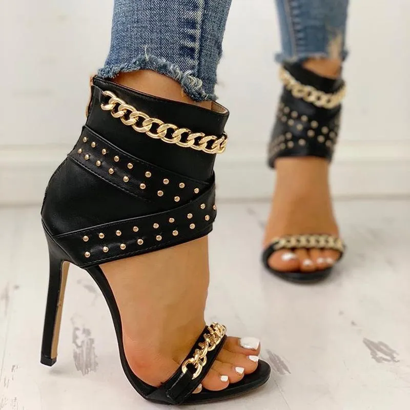 Rivet Chain Design Thin Heeled Sandals
