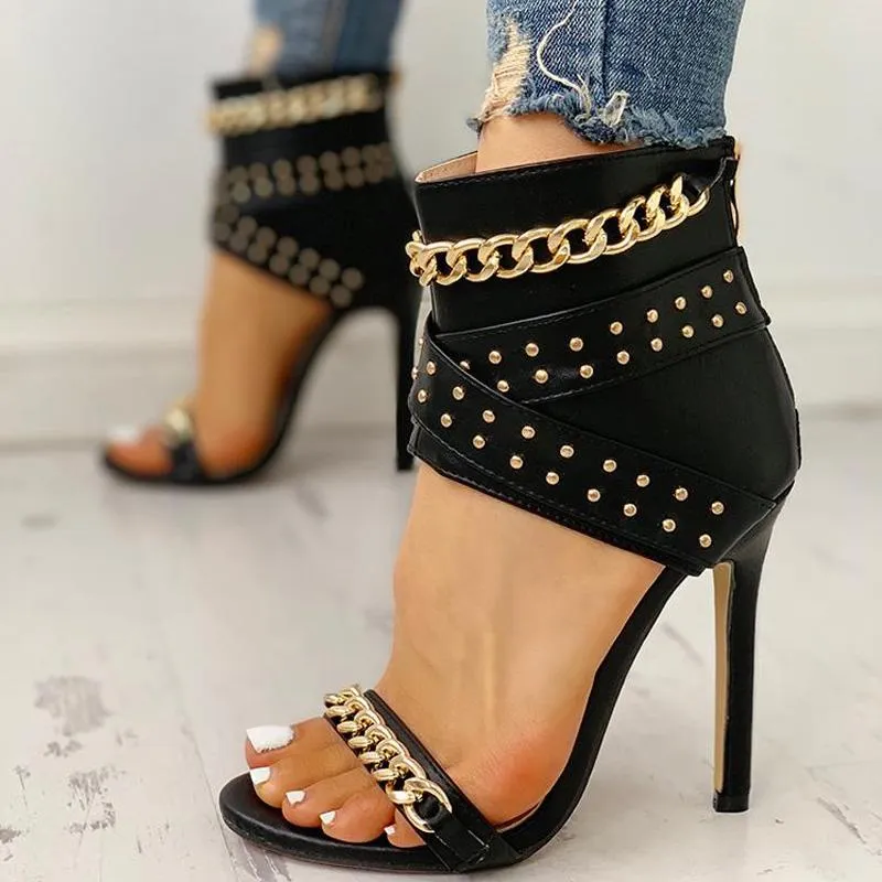 Rivet Chain Design Thin Heeled Sandals