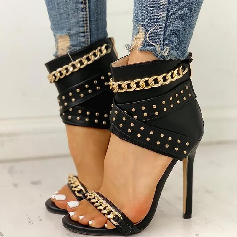 Rivet Chain Design Thin Heeled Sandals