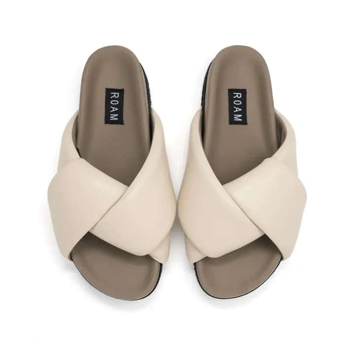 roam: foldy puffy sandals-cream vegan leather