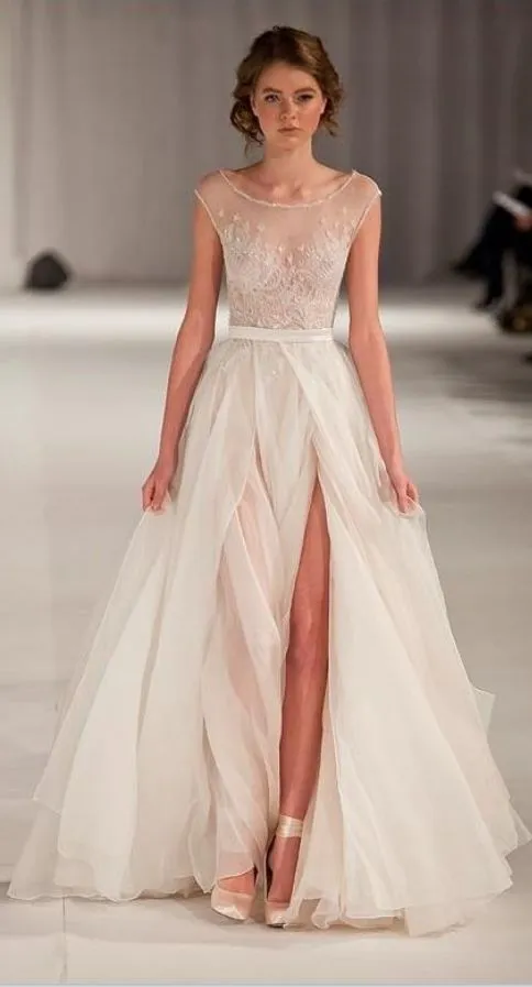 Round Neck Illusion Top Embroidery Side Slit Organza Wedding Dress