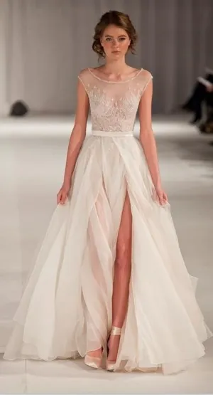 Round Neck Illusion Top Embroidery Side Slit Organza Wedding Dress