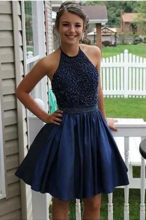 Royal Blue A Line Taffeta Beaded Bodice Halter High Neck Homecoming Dress OK371