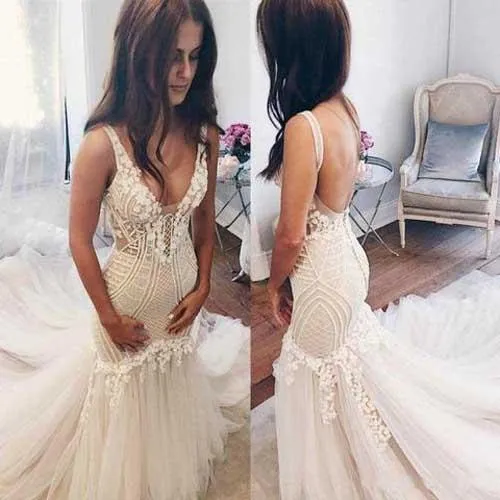 Roycebridal Gorgeous Ivory Tulle Mermaid V-Neck Lace Sleeveless Wedding Dresses, MW156