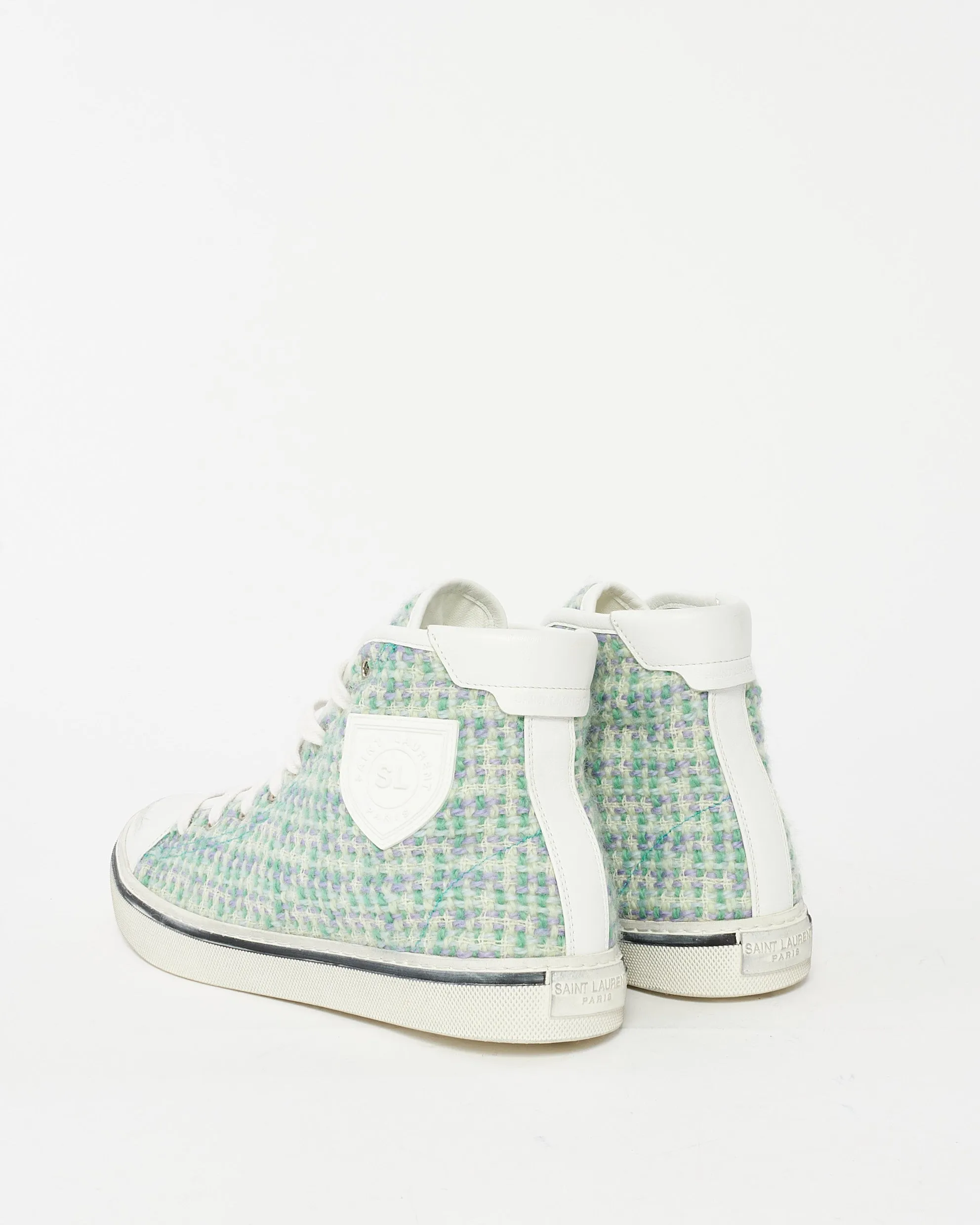 Saint Laurent Green & White Tweed Hight Top Sneakers - 40