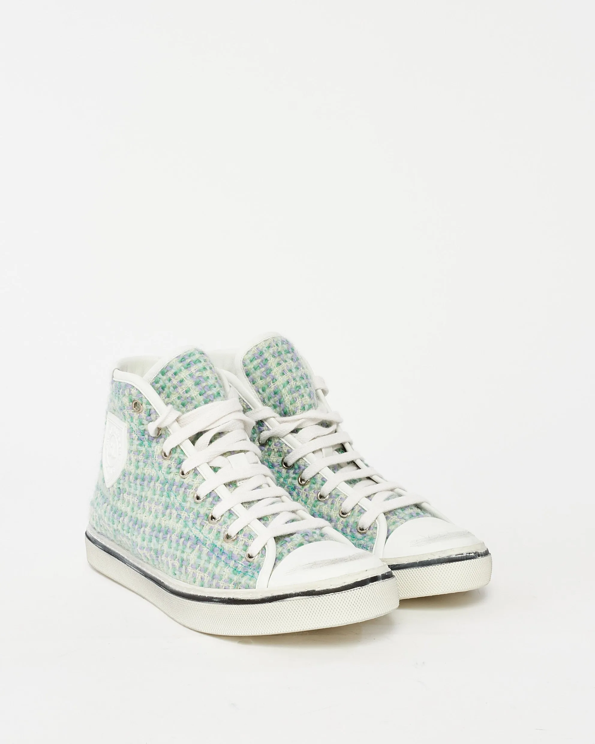 Saint Laurent Green & White Tweed Hight Top Sneakers - 40
