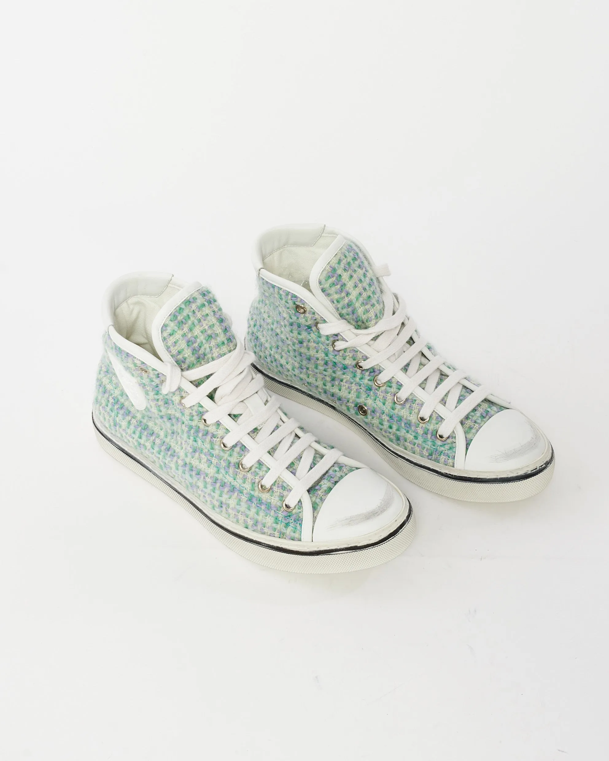 Saint Laurent Green & White Tweed Hight Top Sneakers - 40