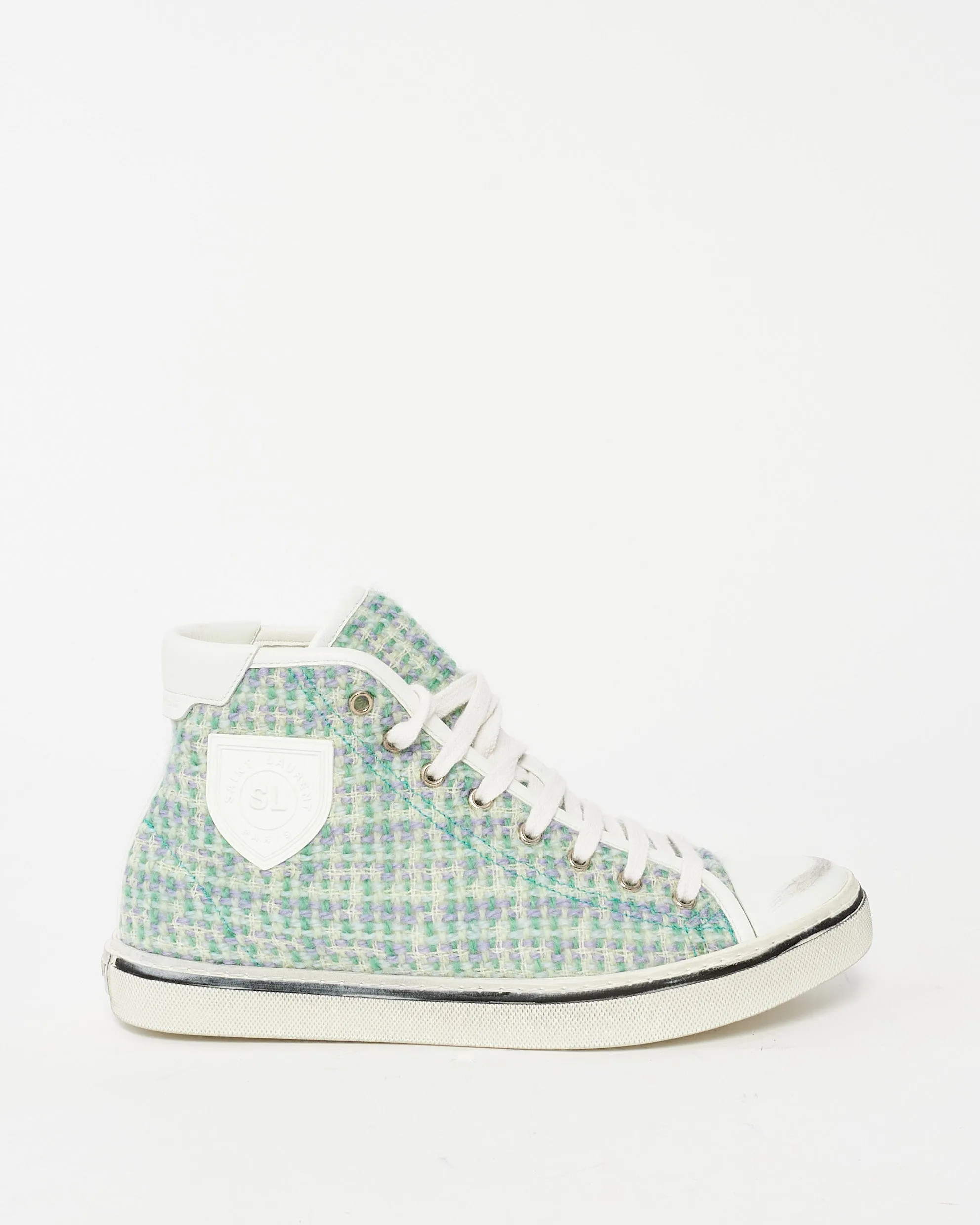 Saint Laurent Green & White Tweed Hight Top Sneakers - 40