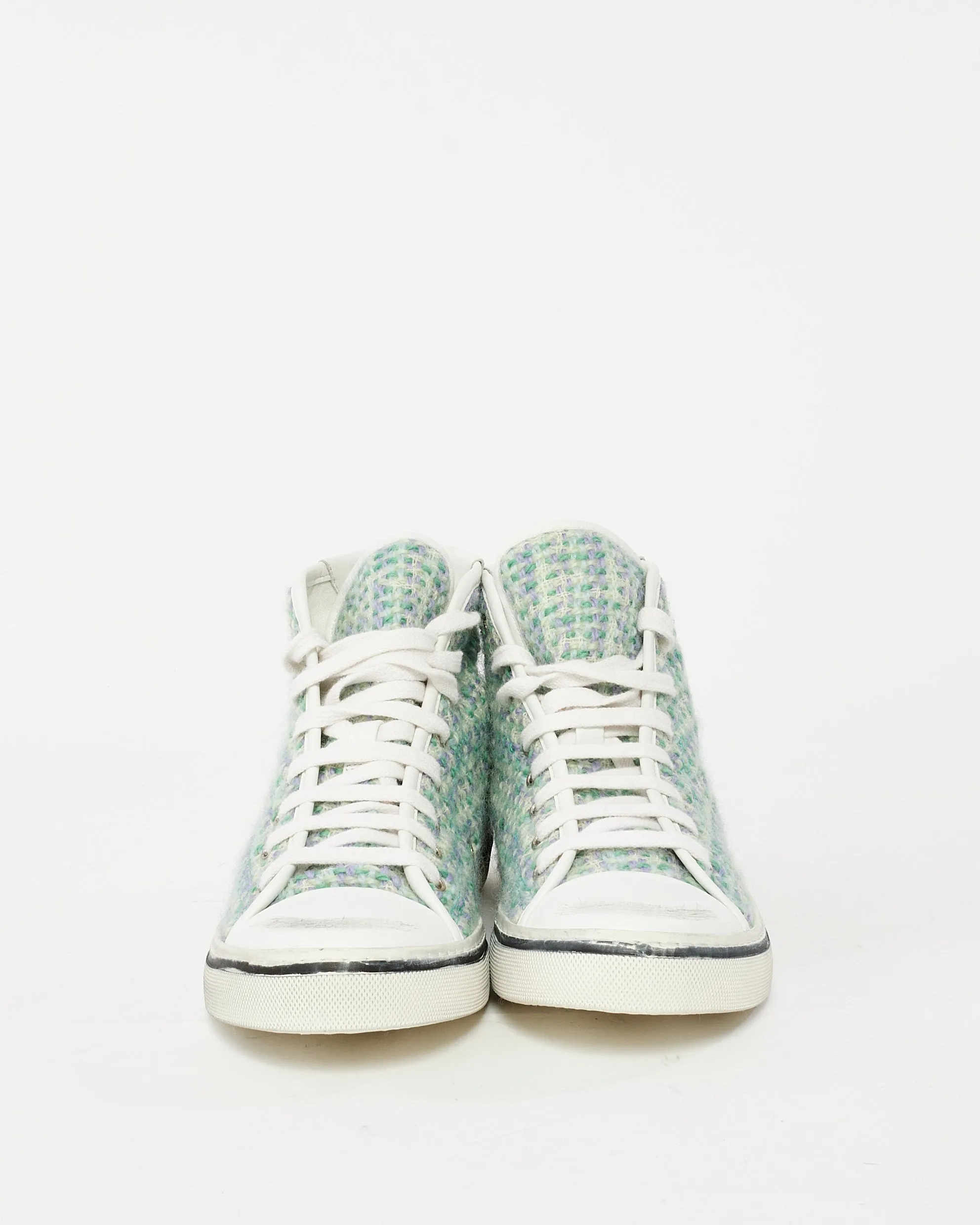 Saint Laurent Green & White Tweed Hight Top Sneakers - 40