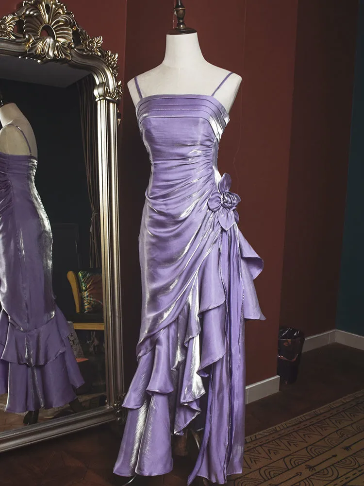 Satin Chic Style High Low Straps Party Dress, High Low Prom Dress Evening Dress