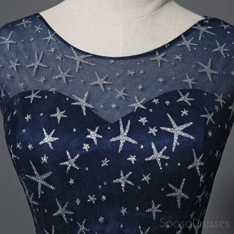 Scoop Navy Star Sequin Cheap Long Evening Prom Dresses, Cheap Custom Sweet 16 Dresses, 18536