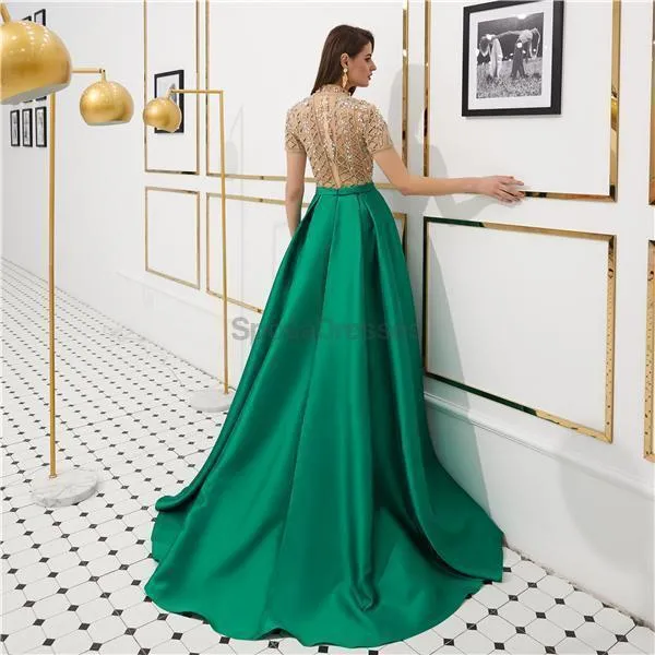 See Through Short Sleeves High Neck Beaded Evening Prom Dresses, Evening Party Prom Dresses, 12080