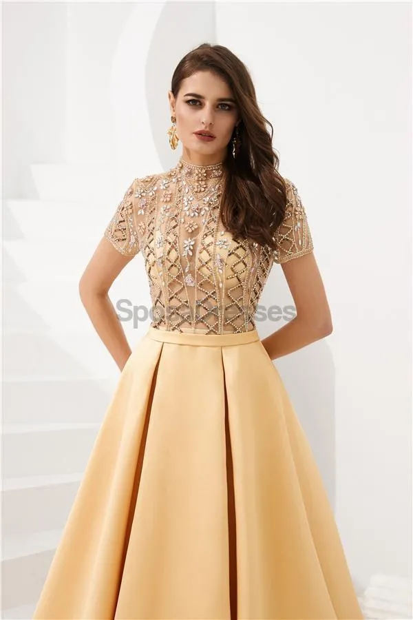 See Through Short Sleeves High Neck Beaded Evening Prom Dresses, Evening Party Prom Dresses, 12080