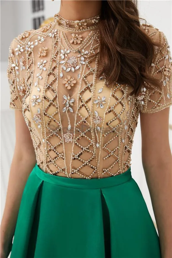 See Through Short Sleeves High Neck Beaded Evening Prom Dresses, Evening Party Prom Dresses, 12080