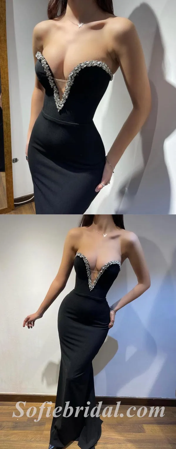 Sexy Black Satin Sweetheart V-Neck Sleeveless Mermaid Long Prom Dresses,SFPD0566