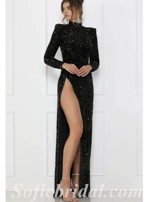 Sexy Black Sequin High Neck Long Sleeves Side Slit Sheath Long Prom Dresses,SFPD0557