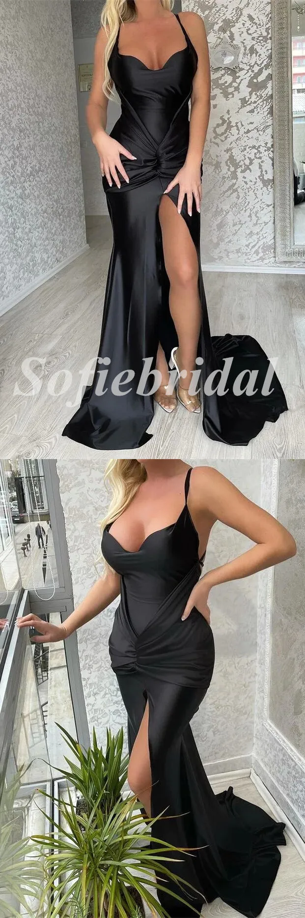 Sexy Black Soft Satin Spaghetti Straps V-Neck Sleeveless Side Slit Mermaid Long Prom Dresses,SFPD0630