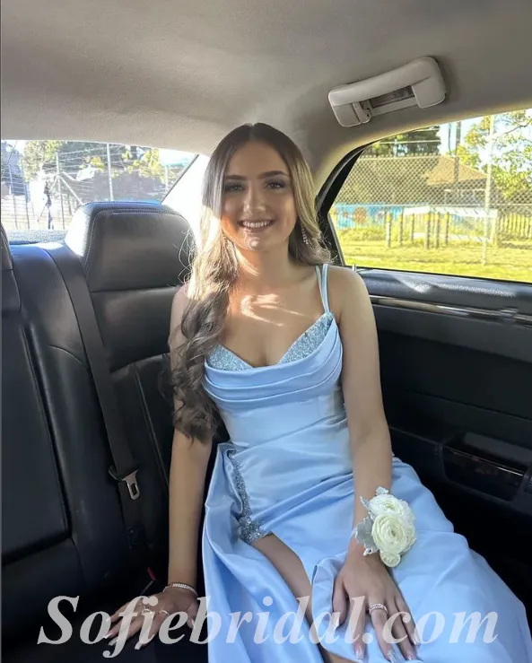 Sexy Blue Satin Spaghetti Straps Sleeveless Side Slit Mermaid Long Prom Dresses,SFPD0527