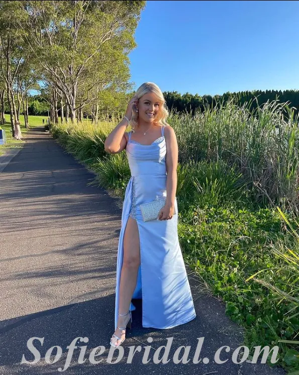 Sexy Blue Satin Spaghetti Straps Sleeveless Side Slit Mermaid Long Prom Dresses,SFPD0527