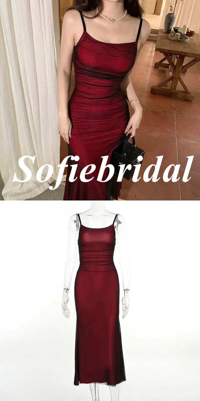 Sexy Chiffon Spaghetti Straps Sleeveless Mermaid Floor Length Prom Dress, PD01084
