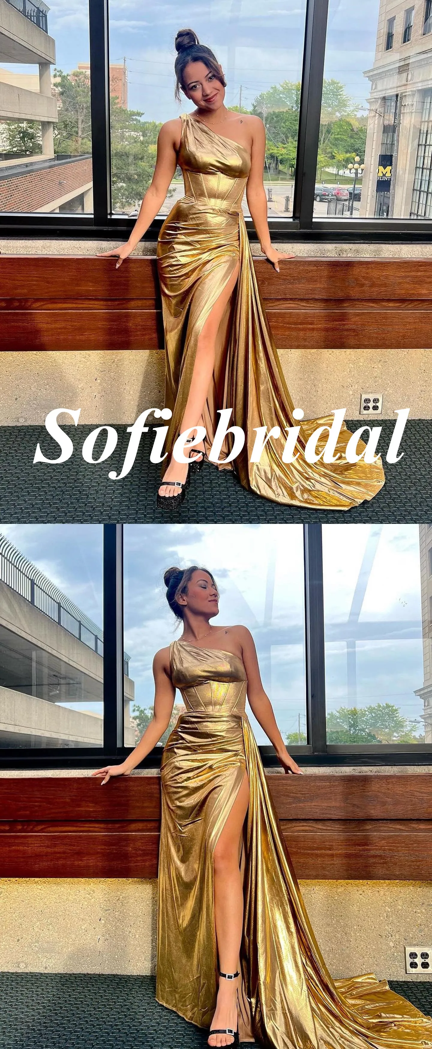 Sexy Gold Elastic Satin One Shoulder Side Slit Mermaid Long Prom Dresses, PD0952