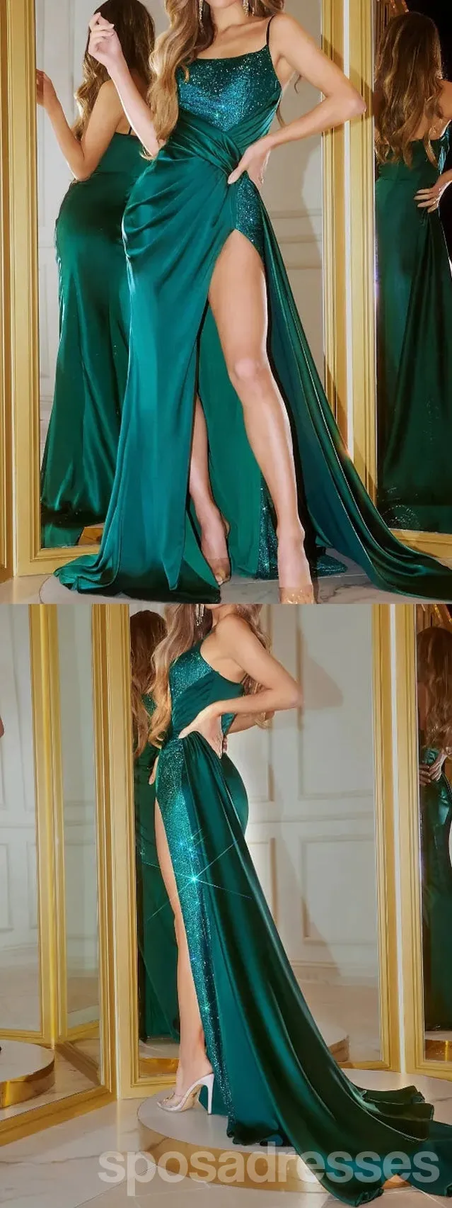 Sexy Green Sheath Spaghetti Straps High Slit Long Prom Dresses,13033