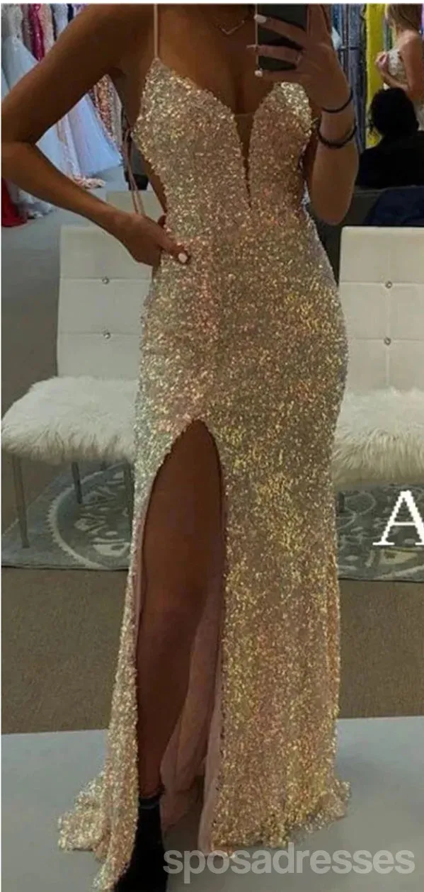 Sexy Mermaid Spaghetti Straps V-neck High Slit Cheap Prom Dresses,12954