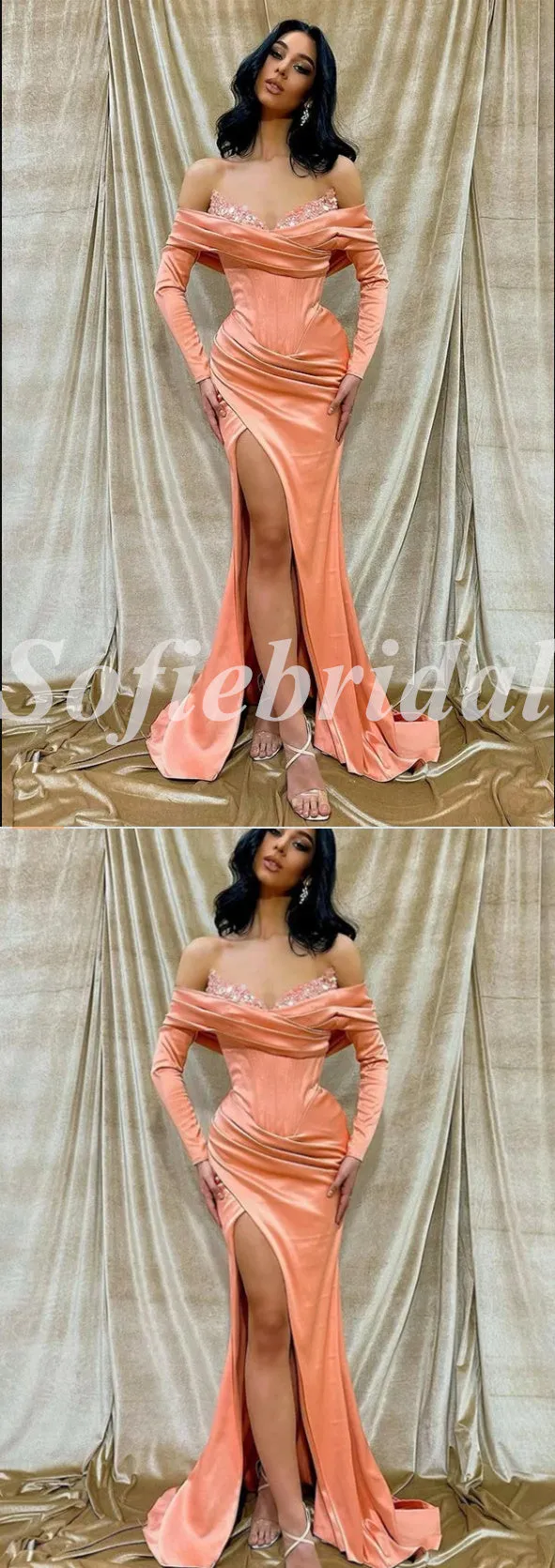 Sexy Satin Off Shoulder Long Sleeve Side Slit Mermaid Long Prom Dresses,SFPD0596