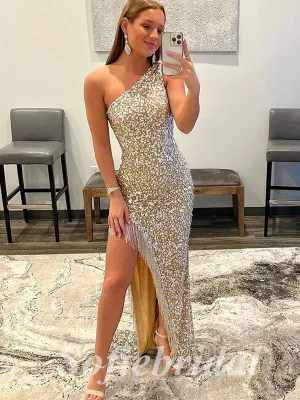 Sexy Sequin One Shoulder Sleeveless Side Slit Mermaid Long Prom Dresses,PD0800