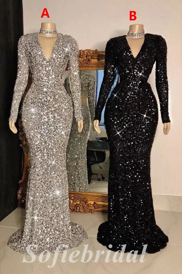 Sexy Sequin V-Neck Long Sleeve Mermaid Long Prom Dresses,SFPD0672