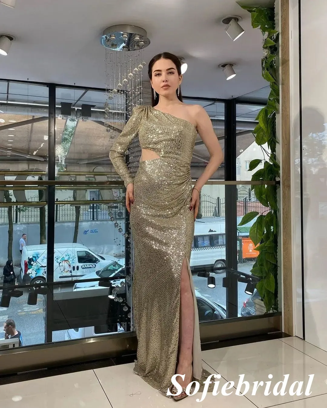 Sexy Shiny Sequin One Shoulder Long Sleeve Side Slit Mermaid Long Prom Dresses, PD0929