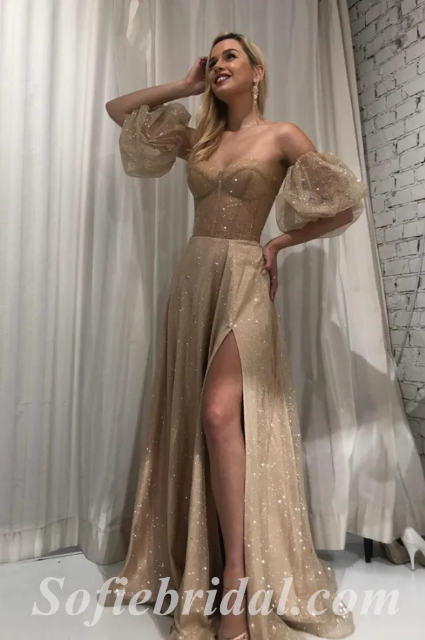 Sexy Shiny Sequin Tulle Sweetheart Sleeveless Side Slit Mermaid Long Prom Dresses,SFPD0546