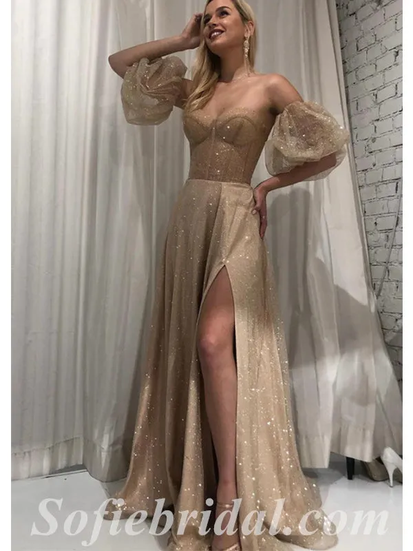 Sexy Shiny Sequin Tulle Sweetheart Sleeveless Side Slit Mermaid Long Prom Dresses,SFPD0546