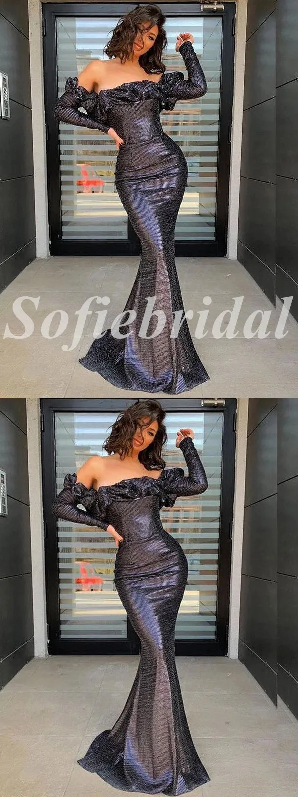 Sexy Special Fabric Off Shoulder Long sleeve Mermaid Long Prom Dresses,SFPD0741