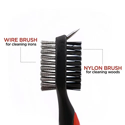SHAUN WEBB Golf Brush Cleaner Set - Wire and Nylon Bristle Brushes for Golfing Accessories, Clubs, Shoes, Irons, Woods, Groove - Spike with Rubber Cover, Retractable Zipline Cord, and Carabiner Clip