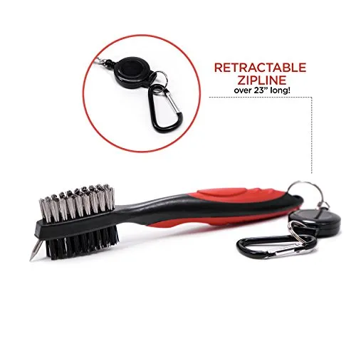 SHAUN WEBB Golf Brush Cleaner Set - Wire and Nylon Bristle Brushes for Golfing Accessories, Clubs, Shoes, Irons, Woods, Groove - Spike with Rubber Cover, Retractable Zipline Cord, and Carabiner Clip