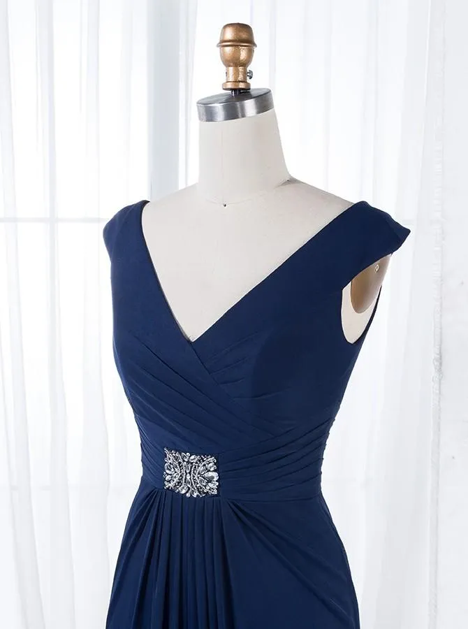 Sheath V-Neck Navy Blue Chiffon Bridesmaid Dress with Beading Split (BMA2010L)