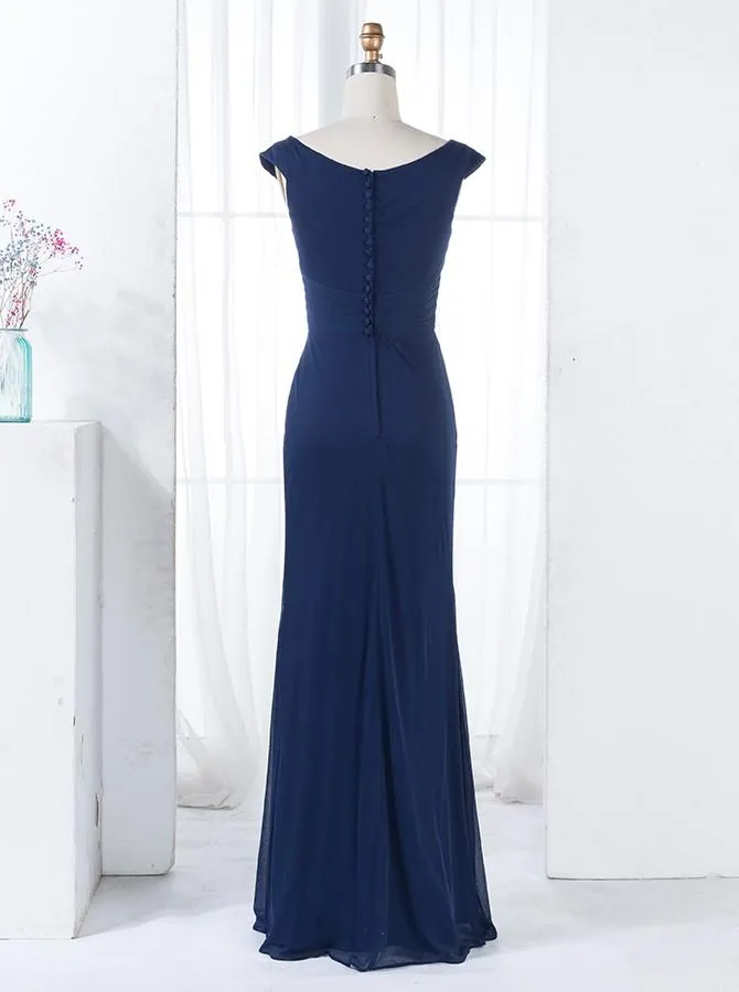 Sheath V-Neck Navy Blue Chiffon Bridesmaid Dress with Beading Split (BMA2010L)