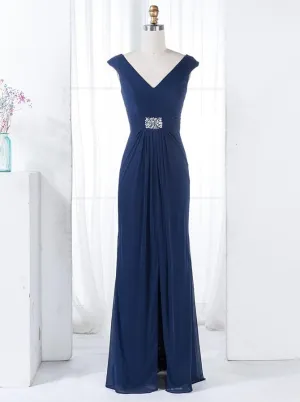 Sheath V-Neck Navy Blue Chiffon Bridesmaid Dress with Beading Split (BMA2010L)