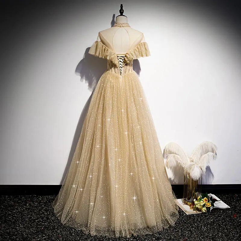 Shiny Gold A-Line High Neck Tulle Long Prom Dress With Lace YZ211024