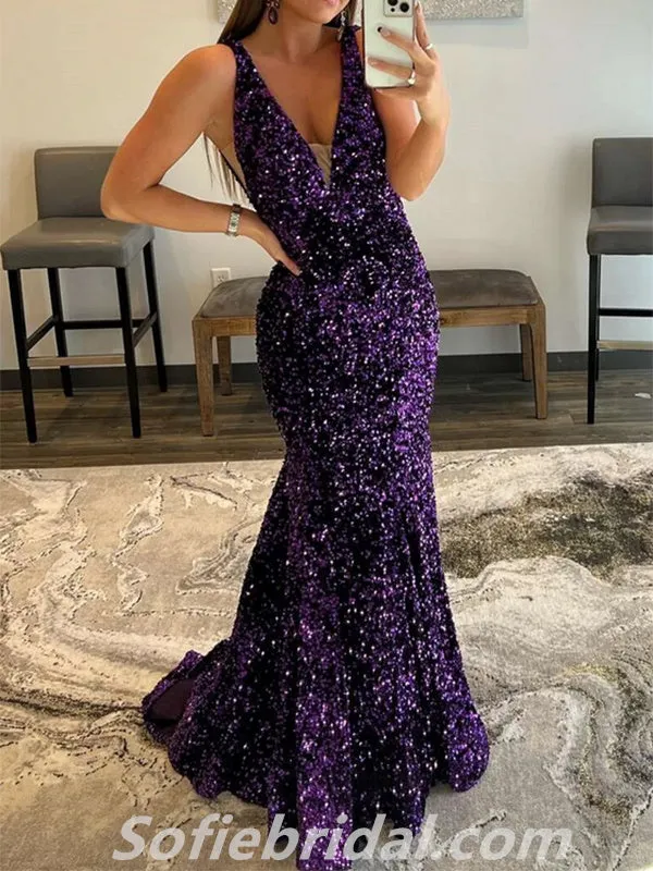 Shiny Sequin V-Neck Mermaid Long Prom Dresses/Graduation Evening Dresses,SFPD0281