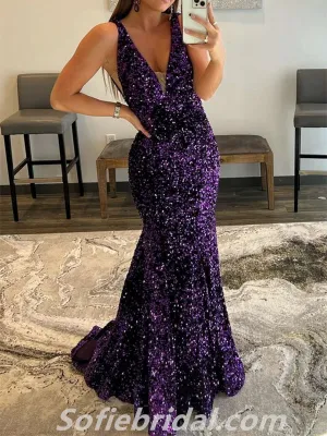 Shiny Sequin V-Neck Mermaid Long Prom Dresses/Graduation Evening Dresses,SFPD0281