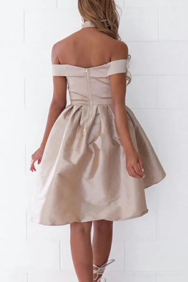 Simple A-Line Off-the-Shoulder High Low Satin Sleeveless Homecoming Dress OKD67